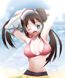Rule 34 | 10s, 1girl, armpits, arms up, bad id, bad pixiv id, blue eyes, blush, bra, breasts, brown hair, creatures (company), double bun, game freak, hair bun, hat, highres, large breasts, light rays, long hair, navel, nintendo, one eye closed, open mouth, pantyhose, piroshiky, pokemon, pokemon bw2, rosa (pokemon), skirt, smile, solo, sunbeam, sunlight, underwear, undressing, water, wet, wink