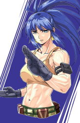 Rule 34 | 1girl, abs, ammunition pouch, armlet, bare shoulders, belt, biceps, blue eyes, blue hair, breasts, camouflage, camouflage pants, dog tags, earrings, gloves, highres, jewelry, large breasts, leona heidern, looking at viewer, midriff, military, military uniform, muscular, muscular female, pants, ponytail, pouch, sleeveless, solo, standing, tank top, tennzikiyu, the king of fighters, the king of fighters xiv, the king of fighters xv, triangle earrings, uniform, white background, yellow tank top