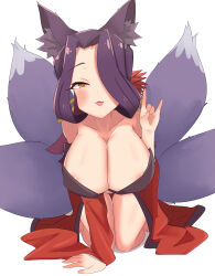 Rule 34 | 1girl, :3, absurdres, animal ears, arm support, arm up, bare shoulders, blush, breasts, clothes lift, fang, female focus, flower, fox ears, fox girl, fox tail, foxcookie, full body, geisha, hair flower, hair ornament, hair over one eye, half-closed eyes, highres, japanese clothes, kimono, kimono lift, kitsune, kneeling, large breasts, leaning forward, long hair, long sleeves, looking at viewer, open mouth, purple hair, red flower, red kimono, sewayaki kitsune no senko-san, simple background, solo, sora (sewayaki kitsune no senko-san), tail, white background, yellow eyes