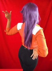 Rule 34 | 1girl, ass, back, bleach, cosplay, from behind, h-sama, leggings, long hair, purple hair, shihouin yoruichi, solo, vest