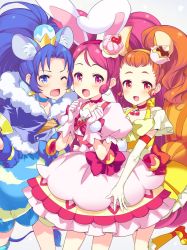 Rule 34 | 10s, 3girls, :d, animal ears, arisugawa himari, blue gloves, blue hair, blue neckwear, blue shirt, blue skirt, bow, brown hair, cake hair ornament, choker, cowboy shot, crown, cure custard, cure gelato, cure whip, dress, earrings, elbow gloves, extra ears, food-themed hair ornament, fuubuu, gloves, hair ornament, hairband, highres, jewelry, kirakira precure a la mode, kneehighs, lion ears, lion tail, long hair, looking at viewer, magical girl, mini crown, multiple girls, open mouth, orange footwear, pink bow, pink eyes, pink hair, pink neckwear, pom pom (clothes), pom pom earrings, ponytail, precure, rabbit ears, red eyes, red neckwear, shirt, shoes, short hair, simple background, skirt, smile, socks, squirrel ears, squirrel tail, standing, standing on one leg, tail, tategami aoi, twintails, usami ichika, white background, white dress, white gloves, yellow dress, yellow legwear