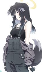 Rule 34 | 1girl, absurdres, animal ears, black choker, black gloves, black overalls, black shirt, blue archive, breasts, choker, closed mouth, dog ears, dog girl, dog tail, gloves, grey eyes, grey jacket, halo, hibiki (blue archive), highres, jacket, long hair, looking away, makicha (sasurainopink), making-of available, medium breasts, overalls, shirt, simple background, solo, striped clothes, striped jacket, tail, vertical-striped clothes, vertical-striped jacket, white background