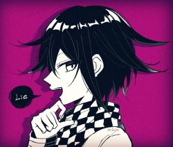 Rule 34 | 1boy, :d, checkered clothes, checkered scarf, danganronpa (series), danganronpa v3: killing harmony, hair between eyes, hand on own chin, hand up, long sleeves, male focus, medium hair, mikao (eanv5385), open mouth, oma kokichi, pink background, scarf, smile, solo, speech bubble, teeth, upper teeth only