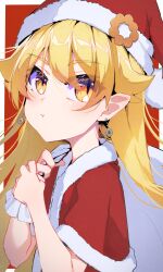 Rule 34 | 1girl, bakemonogatari, blonde hair, christmas, earrings, flat chest, food-themed hat ornament, fur trim, hair flaps, hair over eyes, hat, hat ornament, highres, holding, holding sack, jewelry, long hair, looking at viewer, looking to the side, monogatari (series), oshino shinobu, pout, red background, sack, santa costume, santa hat, slit pupils, solo, thomas (aoakumasan), upper body, yellow eyes