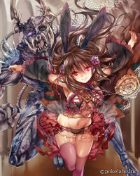 Rule 34 | 1girl, animal ears, armor, armpits, bow, breasts, brown eyes, brown hair, collar, company name, detached sleeves, dress, eikou no guardian battle, flower, glowing, glowing eye, groin, hair between eyes, hair flower, hair ornament, highres, jewelry, large breasts, long hair, madogawa, nail polish, navel, necklace, official art, open mouth, outstretched arms, parted lips, pink thighhighs, rabbit ears, ribbon, skirt, standing, standing on one leg, thighhighs, wide sleeves