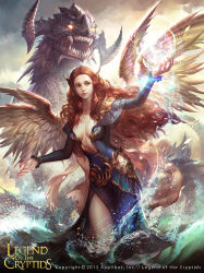 Rule 34 | 1girl, blue eyes, breasts, center opening, cleavage, copyright name, curly hair, dress, fangs, feathered wings, glowing, glowing eyes, hair ornament, highres, horns, legend of the cryptids, long hair, monster, official art, open mouth, orange hair, solo, sparkle, water, wings, yellow eyes