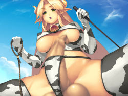Rule 34 | 1futa, animal ears, animal print, bell, bikini, blonde hair, breasts, bulge, censored, cleavage, cow ears, cow girl, cow print, day, elbow gloves, from below, futanari, gloves, green eyes, horns, large breasts, mosaic censoring, newhalf, penis, solo, spread legs, swimsuit, testicles, thighhighs, underboob, yn red