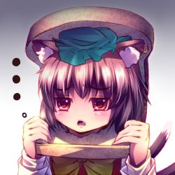 Rule 34 | ..., 1girl, animal ears, blush, bread, brown hair, cat ears, cat girl, cat tail, chen, chestnut mouth, earrings, female focus, food, hat, in food, jewelry, lowres, multiple tails, open mouth, oversized object, red eyes, ryosios, short hair, solo, tail, touhou