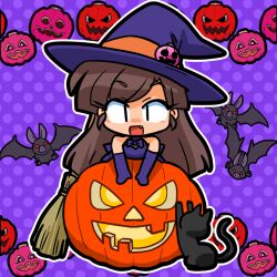 Rule 34 | 1girl, bat (animal), black cat, brown hair, cat, chibi, halloween, halloween costume, happy, hat, jack-o&#039;-lantern, kuonji ukyou, open mouth, pumpkin, purple background, ranma 1/2, solo, wanta (futoshi), witch, witch hat