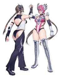 Rule 34 | 2girls, absurdres, alternate costume, ass, back cutout, black choker, boots, braid, breasts, brown hair, chaps, choker, clothing cutout, commentary, commission, cross-laced footwear, detached collar, detached sleeves, elbow pads, english commentary, fingerless gloves, fingernails, full body, gloves, handshake, hanny (uirusu chan), highres, jaycee (tekken), julia chang, lace-up boots, leotard, long braid, low twintails, luchador, luchador mask, medium breasts, michelle chang, mother and daughter, multiple girls, namco, no bra, open mouth, pink leotard, single braid, tekken, tekken 2, tekken 3, tekken tag tournament 2, thigh boots, thighhighs, twintails, white background, white footwear, white gloves, wrestler, wrestling outfit