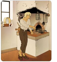 Rule 34 | 1boy, 5altybitter5, blonde hair, brick oven, brown footwear, closed mouth, fold-over boots, highres, indoors, male focus, mole, mole under eye, original, oven, ponytail, shirt, solo, standing, white shirt