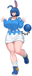 Rule 34 | 1girl, animal ears, azumarill, bare legs, blue footwear, blue hair, blue sweater, bob cut, bra strap, brown eyes, commentary request, creatures (company), curvy, dress, full body, game freak, gen 2 pokemon, highres, knees, long sleeves, nintendo, open mouth, personification, pokemon, pokemon ears, pokemon tail, shoes, short hair, sleeves past wrists, sneakers, socks, solo, spacezin, sweater, sweater dress, tail, teeth, thick thighs, thighs, two-tone sweater, upper teeth only, w arms, walking, white background, white socks, white sweater, wide hips