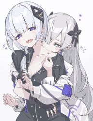 Rule 34 | 2girls, biting, black gloves, black shirt, blue eyes, blush, breasts, cevio, cleavage, clothes pull, commentary request, flower-shaped pupils, gloves, grey hair, heart, highres, histoire-ange, hug, hug from behind, kafu (cevio), kamitsubaki studio, long hair, long sleeves, multiple girls, neck biting, open mouth, sekai (cevio), shirt, shirt pull, short hair, simple background, small breasts, sweat, symbol-shaped pupils, white background, white hair, white shirt, yuri