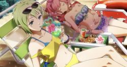 Rule 34 | 10s, beach, bikini, blue eyes, breasts, chair, cocktail, cup, drink, drinking glass, drinking straw, eyewear on head, flower, food, frilled bikini, frills, garter belt, green hair, hand on own stomach, highres, inflatable toy, large breasts, legs, lounge chair, macross, macross delta, makina nakajima, navel, pink hair, pointy ears, reina prowler, shaved ice, short hair, sleeping, small breasts, snack, sunglasses, swimsuit, twintails, uta macross sumaho deculture