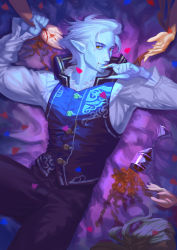 Rule 34 | 1boy, black pants, bleeding, blood, blood on face, blue skin, chalice, colored skin, cup, hand up, highres, holding own arm, looking at viewer, lying, male focus, on back, original, pants, pointy ears, shirt, slit wrist, spill, tomatom47240459, vampire, vest, white hair, white shirt, yellow eyes
