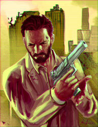 Rule 34 | 1boy, absurdres, beard, blood, blood on clothes, brown eyes, brown facial hair, brown hair, building, buttons, chromatic aberration, city, collared shirt, commentary, desert eagle, dress shirt, english commentary, facial hair, forehead, gun, handgun, highres, holding, holding gun, holding weapon, jacket, lapels, long sleeves, looking to the side, male focus, mature male, max payne, max payne (series), mustache, open clothes, open collar, open jacket, partially unbuttoned, scanlines, scar, scar on face, scar on forehead, serious, shirt, short hair, signature, solo, suit jacket, superhermit, unbuttoned, upper body, very short hair, weapon, white jacket, white shirt, yellow background