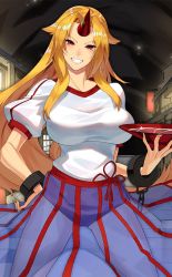 Rule 34 | 1girl, alcohol, blonde hair, blue skirt, blush, breasts, building, buruma, chain, cowboy shot, cuffs, cup, former capital, grin, hand on own hip, head tilt, holding, holding cup, horns, hoshiguma yuugi, large breasts, light particles, long hair, looking at viewer, puffy short sleeves, puffy sleeves, red eyes, sakazuki, sake, scottie (phantom2), see-through, shackles, shirt, short sleeves, sidelocks, single horn, skirt, smile, solo, standing, striped clothes, striped skirt, thighs, touhou, touhou cannonball, v-shaped eyebrows, vertical-striped clothes, vertical-striped skirt, very long hair, white shirt