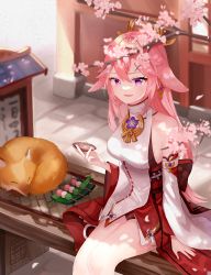 Rule 34 | 1girl, :d, alcohol, animal ears, architecture, bench, blurry, cherry blossoms, commentary request, cup, dango, depth of field, detached sleeves, earrings, east asian architecture, food, fox, fox ears, genshin impact, hair between eyes, hair ornament, highres, jewelry, long hair, miyako draw, open mouth, park bench, pink hair, purple eyes, sakazuki, sake, sidelocks, sitting, smile, solo, vision (genshin impact), wagashi, wide sleeves, yae miko
