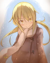 Rule 34 | 10s, 1girl, bad id, bad pixiv id, blonde hair, blush, coat, crescent, kantai collection, long hair, looking at viewer, pin, satsuki (kancolle), scarf, smile, snow, solo, toggle, twintails, twintails day, white scarf, yamaioni (sasakama), yellow eyes