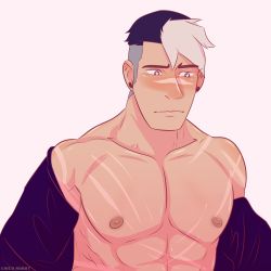 Rule 34 | 1boy, absurdres, chico-robot, highres, hyakujuu-ou golion, male focus, multicolored hair, muscular, pectorals, solo, takashi shirogane, undressing, voltron