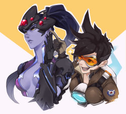 Rule 34 | 2girls, annoyed, brown hair, center opening, colored skin, frown, goggles, head-mounted display, long hair, multiple girls, overwatch, overwatch 1, pmolita, ponytail, purple skin, short hair, smile, spiked hair, tracer (overwatch), visor, widowmaker (overwatch), yellow eyes