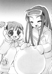 Rule 34 | 00s, 2girls, :3, :d, blush, blush stickers, closed eyes, earmuffs, goggles, goggles on head, greyscale, highres, ito noizi, kyon no imouto, long hair, long sleeves, mittens, monochrome, multiple girls, novel illustration, official art, open mouth, ponytail, scan, short hair, side ponytail, smile, snowball, squatting, suzumiya haruhi no yuuutsu, tsuruya, zipper