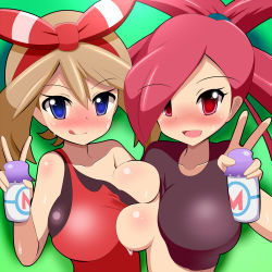 Rule 34 | 2girls, :d, bandana, blue eyes, blush, bottle, breast press, breasts, brown hair, clothes lift, creatures (company), flannery (pokemon), game freak, gym leader, harubato, large breasts, licking lips, looking at viewer, may (pokemon), may (pokemon oras), milk, milk bottle, moomoo milk, multiple girls, nintendo, one breast out, open mouth, pokemon, pokemon oras, ponytail, red eyes, red hair, shirt, shirt lift, smile, sweat, tank top, tongue, tongue out, upper body, v