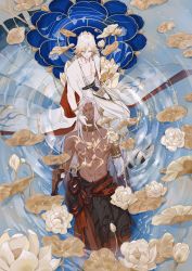 Rule 34 | 2boys, absurdres, asura (onmyoji), bare pectorals, blonde hair, bracelet, dark skin, dongdi cangyang, dress, earrings, facial mark, flower, green eyes, hand on another&#039;s face, highres, japanese clothes, jewelry, long hair, lotus, lotus hair ornament, lying, male focus, mask, multicolored hair, multiple boys, necklace, onmyoji, pale skin, partially submerged, pectorals, short hair, submerged, taishakuten (onmyoji), two-tone hair, water, white hair, yaoi