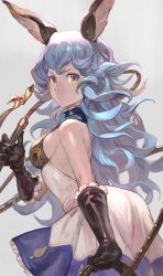 Rule 34 | 10s, 1girl, animal ears, arched back, arm at side, backless dress, backless outfit, bare shoulders, belt, belt skirt, black gloves, blue hair, blue skirt, breasts, rabbit ears, dress, earrings, erune, ferry (granblue fantasy), from behind, gloves, granblue fantasy, hair between eyes, highres, holding, holding weapon, hoop earrings, jewelry, lack, long hair, looking at viewer, medium breasts, serious, sideboob, single earring, skirt, solo, upper body, wavy hair, weapon, whip, yellow eyes