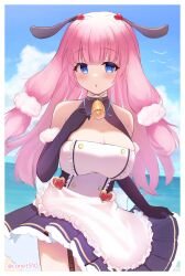 Rule 34 | 1girl, azur lane, bare shoulders, bell, bird, black gloves, blue eyes, blue sky, blush, border, breasts, cleavage, cloud, cloudy sky, conet510, elbow gloves, gloves, heart, highres, large breasts, long hair, looking at viewer, maid, neck bell, ocean, outside border, parted lips, pink hair, seagull, sky, solo, suffolk (azur lane), twitter username, water, white border