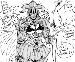 Rule 34 | 1boy, 1girl, ^^^, armor, armored dress, bb (baalbuddy), bikini, blush, cape, cloak, covered erect nipples, cowboy shot, english text, facing viewer, full armor, gameplay mechanics, gauntlets, greyscale, helmet, highres, hitting, hood, hood up, masochism, monochrome, motion blur, original, pleated skirt, riding crop, romaji text, shield, shoulder spikes, simple background, skirt, spikes, standing, swimsuit, whipping, white background