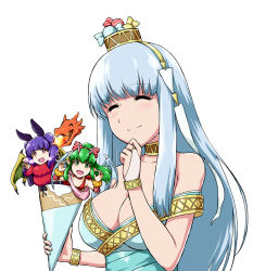 Rule 34 | 3girls, :d, alternate costume, blue hair, bow, breasts, breath weapon, breathing fire, candy, cleavage, closed eyes, crepe, deno (denomina0), double bun, dragon, dragon wings, fang, feh (fire emblem heroes), fire, fire emblem, fire emblem heroes, food, green eyes, green hair, hair bow, hair bun, hair ribbon, hands up, highres, horns, light blue hair, long hair, multiple girls, myrrh (fire emblem), ninian, nintendo, official alternate costume, open mouth, purple eyes, purple hair, red bow, ribbon, sidelocks, simple background, smile, striped, striped bow, tiki (fire emblem), tiki (young) (fire emblem), upper body, white background, wings, wrapped candy
