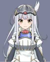 Rule 34 | 1girl, armor, armored dress, blush, breastplate, brown eyes, closed mouth, commentary request, dress, eyebrows hidden by hair, grey background, knight, long hair, original, sekira ame, silver hair, simple background, solo, upper body, v-shaped eyebrows, white dress