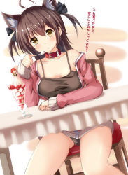 Rule 34 | 1girl, animal ears, black panties, blush, brown hair, cat ears, chair, collar, collarbone, food, fruit, hair ribbon, holding, holding spoon, ice cream, long hair, looking at viewer, ok-ray, original, panties, pantyshot, ribbon, short twintails, sitting, solo, spoon, strawberry, sundae, table, text focus, translated, twintails, two side up, underwear, yellow eyes