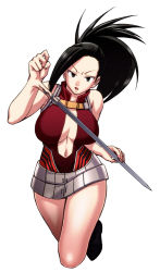 Rule 34 | &gt;:o, 10s, 1girl, :o, bare shoulders, belt, belt skirt, black eyes, black hair, boku no hero academia, breasts, center opening, chiba toshirou, cleavage, female focus, full body, half-closed eyes, halterneck, holding, holding sword, holding weapon, human scabbard, large breasts, leaning to the side, leotard, long hair, navel, open mouth, ponytail, red leotard, simple background, sleeveless, solo, sword, thighs, v-shaped eyebrows, weapon, yaoyorozu momo