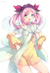 Rule 34 | 1girl, :d, absurdres, aqua eyes, bare shoulders, blush, clothing cutout, collarbone, commentary, cowboy shot, detached sleeves, dress, duel monster, fang, floating hair, hands on own hips, head wreath, highres, jitome, kanzakietc, looking at viewer, open mouth, pink hair, rikka queen strenna, short dress, shoulder cutout, sidelocks, simple background, skin fang, smile, solo, strapless, strapless dress, twintails, twitter username, white background, yellow dress, yellow sleeves, yu-gi-oh!