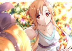 Rule 34 | 1girl, alternate costume, asuna (sao), asymmetrical bangs, blurry, blurry background, blurry foreground, braid, breasts, brown eyes, brown hair, cleavage, collarbone, day, detached sleeves, dress, field, flower, flower field, from above, half up braid, half updo, hat, highres, holding, holding clothes, holding hat, large breasts, long hair, looking at viewer, outdoors, shi-2, short ponytail, sleeveless, sleeveless dress, solo, straw hat, sundress, sunflower, sunflower field, sunlight, sword art online, twitter username, unworn hat, unworn headwear, white dress, white sleeves