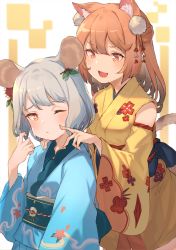 Rule 34 | 2girls, animal ears, blue kimono, brown hair, cat ears, cat girl, cat tail, cheek poking, chinese zodiac, commentary request, detached sleeves, floral print, grey hair, hair ornament, hand on another&#039;s shoulder, heart, heart-shaped pupils, japanese clothes, kimono, long hair, long sleeves, mouse ears, multiple girls, obi, original, peroncho, poking, print kimono, red eyes, sash, sleeveless, sleeveless kimono, symbol-shaped pupils, tail, wide sleeves, year of the rat, yellow kimono, yellow sleeves
