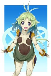 Rule 34 | 10s, 1girl, ahoge, bad id, bad pixiv id, blue hair, blush, breasts, doll joints, fingerless gloves, gloves, green hair, joints, looking at viewer, multicolored hair, navel, open mouth, purple eyes, round teeth, senki zesshou symphogear, smile, solo, standing, teeth, tiki (symphogear), two-tone hair, yoi naosuke