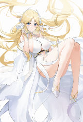 Rule 34 | azur lane, bare shoulders, blue eyes, breasts, brest (azur lane), clothing cutout, dress, high heels, highres, large breasts, long hair, looking at viewer, navel, panties, parted bangs, pointy ears, qing wu, revealing clothes, ribbon, solo, thighs, underboob, underwear, very long hair, white dress, white panties, white ribbon