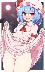 Rule 34 | 1girl, :d, ascot, bat wings, blue hair, blush, bow, breasts, cleft of venus, clothes lift, collared shirt, dress, fang, frilled shirt collar, frilled sleeves, frills, hat, hat ribbon, highres, lifting own clothes, looking at viewer, mob cap, nose blush, open mouth, panties, pink dress, pink hat, pink shirt, puffy short sleeves, puffy sleeves, red ascot, red bow, red eyes, red ribbon, remilia scarlet, ribbon, rizento, shirt, short hair, short sleeves, skirt, skirt lift, sky, small breasts, smile, solo, star (sky), starry sky, steam, sweatdrop, thighs, touhou, underwear, upskirt, white panties, wings