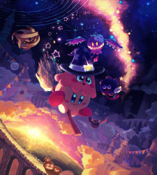 Rule 34 | absurdres, bandages, bridge, broom, broom riding, candy, castle, character request, cloud, cloudy sky, flag, flying, food, gooey (kirby), happy, hat, highres, kirby, kirby (series), lollipop, monster, night, night sky, nintendo, open mouth, outdoors, pumpkin, scenery, sky, smile, star (sky), star (symbol), starry sky, sunset, suyasuyabi, tongue, tongue out, witch hat