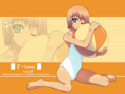 Rule 34 | 1girl, ball, barefoot, beachball, brown hair, casual one-piece swimsuit, english text, f-ism, feet, green eyes, hair ornament, hug, looking at viewer, murakami suigun, one-piece swimsuit, scanlines, short hair, sitting, smile, solo, spread legs, swimsuit, toes, wallpaper, wariza, white one-piece swimsuit, wink, zoom layer