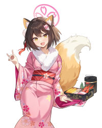 Rule 34 | 1girl, absurdres, animal ear fluff, animal ears, black hair, blue archive, blush, bment423, fang, fox ears, fox shadow puppet, hair between eyes, halo, highres, izuna (blue archive), japanese clothes, kimono, long sleeves, obi, open mouth, osechi, pink halo, pink kimono, sash, short hair, simple background, skin fang, smile, solo, twitter username, white background, wide sleeves, yellow eyes