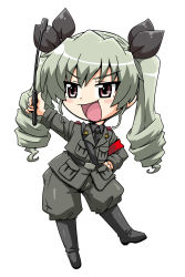 Rule 34 | 10s, 1girl, anchovy (girls und panzer), belt, black footwear, black shirt, blouse, blush stickers, boots, brown eyes, chibi, dress shirt, drill hair, full body, girls und panzer, green hair, grey jacket, grey pants, hair ribbon, hand on own hip, holding, jacket, jodhpurs, knee boots, long hair, long sleeves, makino yasuhiro, military, military uniform, necktie, open mouth, pants, pants tucked in, ribbon, riding crop, shirt, smile, solo, standing, twin drills, twintails, uniform, white background