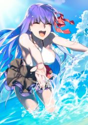 Rule 34 | 10s, 1girl, 92m, bare shoulders, bb (fate), bb (fate/extra), black skirt, blue sky, breasts, cleavage, closed eyes, collarbone, day, fate/extra, fate/extra ccc, fate (series), hair ribbon, large breasts, long hair, ocean, open mouth, purple hair, red ribbon, ribbon, sideboob, skirt, sky, smile, solo, splashing, sunlight, thighs, wading