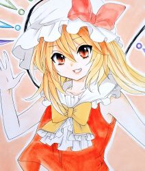 Rule 34 | 1girl, adapted costume, alternate neckwear, bare shoulders, blonde hair, bow, bowtie, collarbone, commentary request, crystal, flandre scarlet, frilled shirt collar, frills, grin, hair between eyes, hand up, hat, hat bow, lips, long hair, looking at viewer, marker (medium), matsuppoi, mob cap, one side up, outline, pink background, red bow, red eyes, shikishi, simple background, sleeveless, slit pupils, smile, solo, touhou, traditional media, upper body, waving, white hat, white outline, wings, yellow bow, yellow bowtie