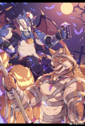 Rule 34 | 2boys, abs, alcohol, animal ears, artist request, bandages, bara, bat (animal), bat wings, beer, beer mug, blue eyes, blue fur, chang (gyee), covered abs, cup, dog boy, dog ears, eyepatch, festival, furry, furry male, gloves, graveyard, gyee, halloween, highres, horns, jacket, jewelry, logo, looking at viewer, moon, mug, multiple boys, muscular, muscular male, necklace, night, night sky, official art, orange fur, pants, pectoral cleavage, pectorals, pumpkin, sitting, sky, smile, staff, thick arms, topless, topless male, wings, wolf boy, wolf ears, yang (gyee), yellow eyes