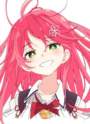 Rule 34 | 1girl, ahoge, bell, collarbone, green eyes, hair ornament, hololive, ixy, long hair, looking at viewer, neck bell, red hair, sakura miko, sakura miko (casual), shirt, simple background, smile, solo, upper body, virtual youtuber, white background, white shirt