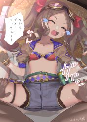 Rule 34 | 1boy, 1girl, absurdres, belt, bikini, bikini top only, blue shorts, blush, breasts, brown gloves, brown hair, capsule, closed eyes, collarbone, fate/grand order, fate (series), fingerless gloves, forehead, gloves, goggles, hair ribbon, highres, jewelry, leonardo da vinci (fate), leonardo da vinci (swimsuit ruler) (fate), long hair, lying, necklace, nomeazog, on back, open mouth, parted bangs, puffy short sleeves, puffy sleeves, red bikini, red ribbon, ribbon, short shorts, short sleeves, shorts, shrug (clothing), sidelocks, small breasts, smile, speech bubble, spread legs, swimsuit, tears, thighs, translation request, twintails